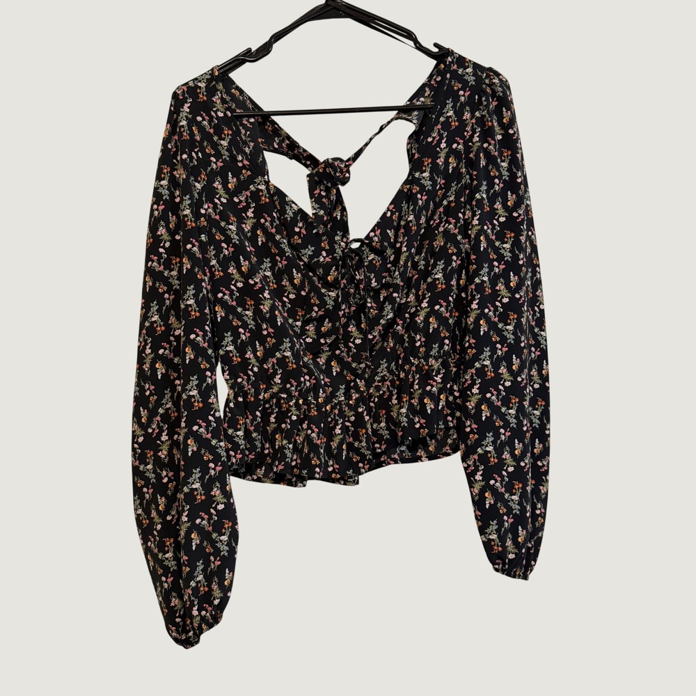 Kingston Grey Floral Peplum Top Size L Tie Back Long Sleeve Black Boho Blouse